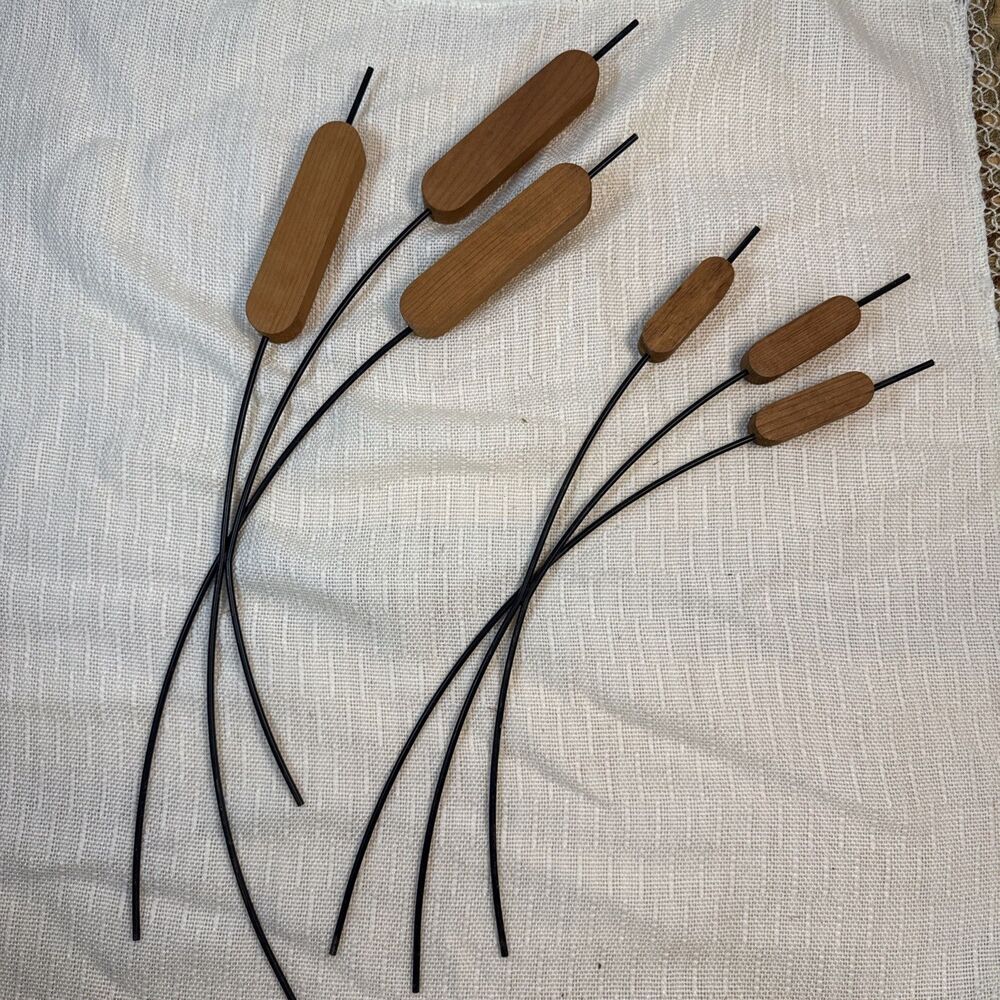 MCM Wood and Metal Cattails Reeds Wall Sculpture Unbranded Set of 2